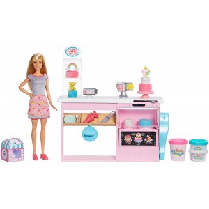 Barbie Cake Decorating Playset con Bambola Bionda, Isola di Cottura con Forno, Pasta per Modellare e Pezzi di Glassa Giocattolo