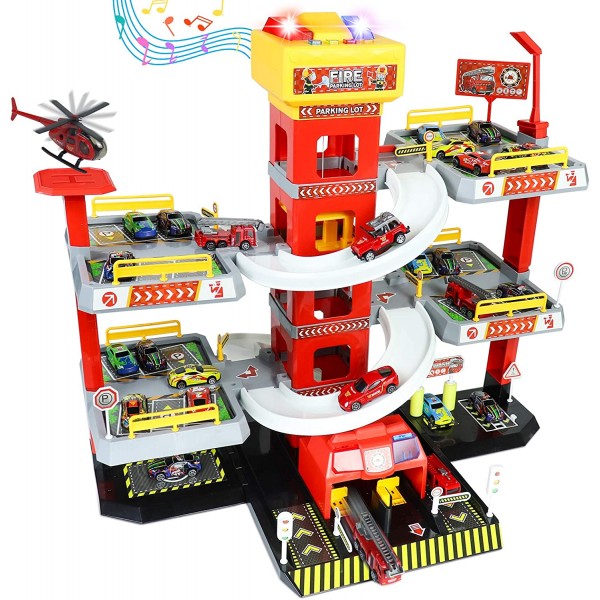 Fajiabao Fire Station Children's Car Garage, with 4 Toy Fire Trucks_ok!