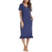 Sykooria Short Sleeve Women V-Neck Long Cotton Nightgown, with Pockets_OK!