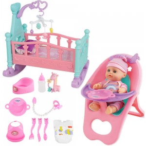 deAO "My First Baby Doll" 15-piece Doll Set, with Miniature Bed, Bed Mobile, High chair, Feeding Accessories and Doll included_ok!