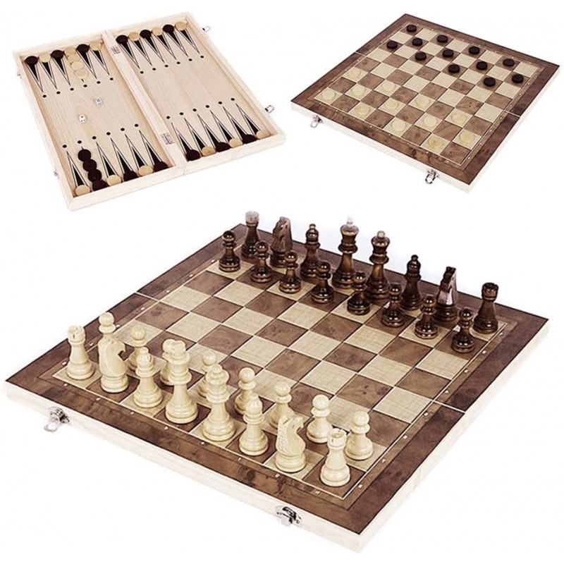 Chess 3 in 1 Wooden Game Set Board Hand Crafted Folding Chessboard US Seller 